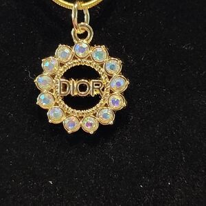 Gold with Iridescent Crystal Circle Pendand With Upcycled Chain #39